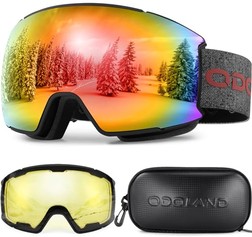 Odoland Skibrille Snowboardbrille für Damen und Herren mit 2 Magnetische Wechselglas und Hülle Anti-Fog UV-Schutz Helmkompatible für Jungen und Mädchen zum Snowboard Skifahren Rot