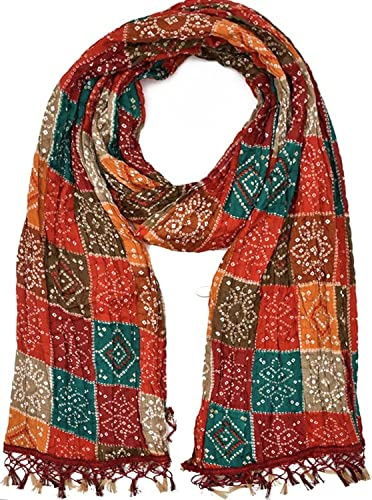 C&G INDIA Frauen Seide Bandhej Multi Colored Heavy Dupatta Chunni mit Geecha Bordüre Stola Schals Multi, Mehrfarbig, Einheitsgröße