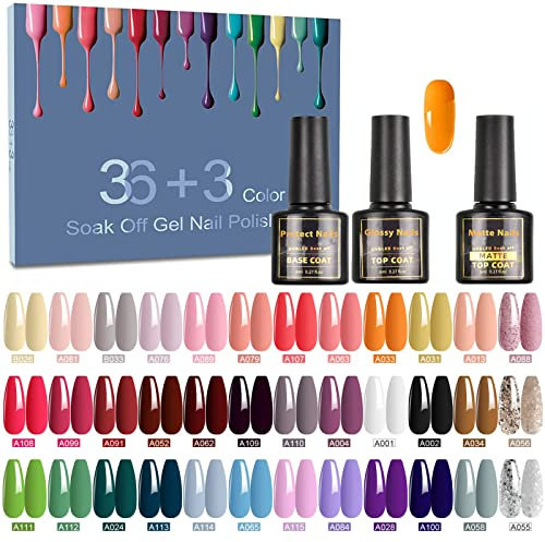 Pintauñas Semipermanentes - 39 Pcs 8ml Esmaltes Semipermanentes Gel UV LED con Base, Top Coat Brillante, y Mate, 36 Color Blanco, Verde, Neón, Desnudo, Kit de Esmaltes Uñas Semipermanentes