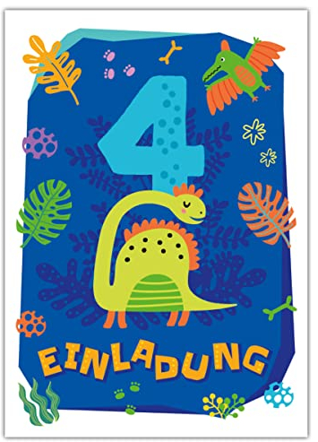 Junapack 12 Einladungskarten zum 4. Kindergeburtstag vierte Geburtstag Jungen Dinosaurier Dino Geburtstagseinladungen