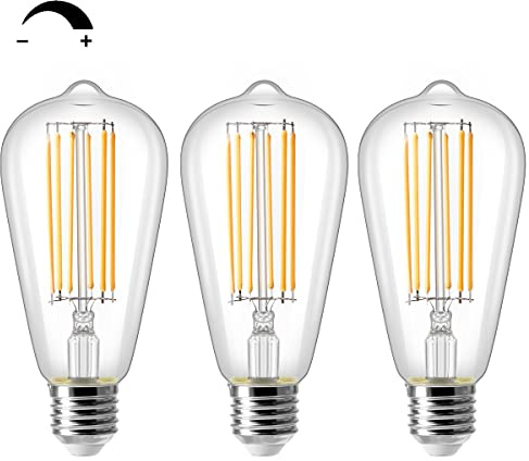ZIKEY 10W Ampoule LED Edison, E27 ST64 Dimmable Ampoule à Filament Vintage, Equivalent à 100W, Blanc Chaud 2700K, 1000LM, Rétro Décorative Lampe, Lot de 3