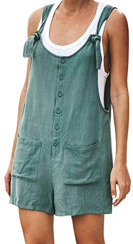 QUINTRA Button Women Spaghetti-Strap Casual Jumsuit Rompers Pocket Linen Vintage Women's Jumpsuit Hammer Jumpsuit Green