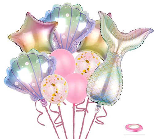Catelves 9 Stücke Meerjungfrau Luftballon Set, Meerjungfrau Geburtstag Deko, Meerjungfrau Folienballon Thema Geburtstagsfeier Dekoration, Latex Konfetti Luftballons mit Band