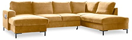 MIUFORM Ecksofa U Form mit Schlaffunktion und Bettkasten | Lofty Lilly | Wohnladschaft Couch Schlafcouch Wohnzimmer Gästezimmer | Samt Metallfüße (Senfgelb, Rechts ausgerichtet)