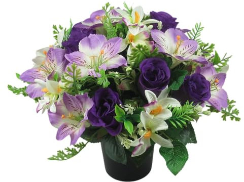 Grave Flowers in Grave Pot - Purple and lilac Artificial/Silk Flower Arrangementwith Roses and Orchids - Long lasting outdoor arrangement - Faux memorial grave cemetary bouquet