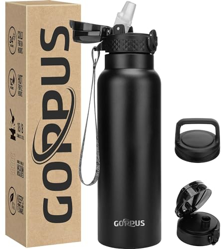GOPPUS 750ml/26oz Stainless Water Bottle with Straw Double Wall Insulated Bottles with Strap Reusable Vacuum Thermal Flask Leakproof Keep Cold Drinks Bottles with Flip Top Lid for Men Women BPA Free
