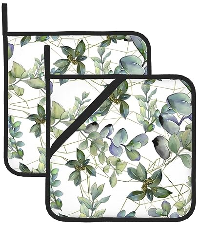 Set di 2 presine con foglie di eucalipto verde, resistenti al calore, antiscivolo, con tasche, per cucina, cucina, cottura al forno, barbecue