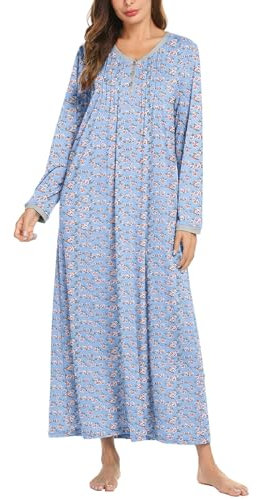 Ekouaer Camisa De Noche De Las Mujeres De Invierno De Manga Larga Camisa De Noche con Botones Cómoda Elegante,cártamo Azul,XXL