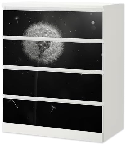 Sunnywall® Möbelfolie passend für IKEA Malm Kommode Schrankfolie Aufkleber mit Pusteblume mit schwarzem Hintergrund Motiv | blasenfrei verkleben | Wohnzimmer 4er 80 cm