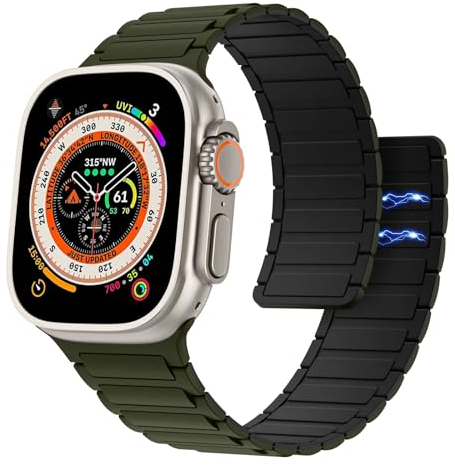 Astorgos Correa Magnética Compatible con Apple Watch Ultra/Ultra2 49mm/iWatch Series 10/9/8/7/6/5/4/3/2/1/SE 42/44/45/46mm,Correa de Silicona Ajustable,Pulsera Deportiva,Verde Ejército/Negro
