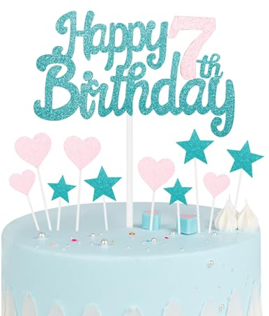 Blue Pink 7th Birthday Cake Topper, Girls Decorations, Glitter Heart Stars Toppers, Personalised Happy Cake Cupcake Toppers for Women Girls Baby Party Supplies