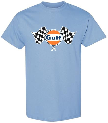 Gulf Oil Offiziell Lizenziertes Premium-Kurzarm-T-Shirt, Gulf Classic Logo mit Finishing Flags Graphic Tee, Hell, blau, L