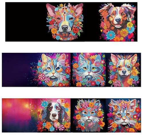 CXINLky 5D DIY Diamond Painting Karten, 2024 Neuheiten Diamond Painting Karten, 8 Stuck Diamond Painting Karten Geburtstag, Geschenkkarte Feiertags für Familie, Liebhaber-06-Katzen & Hunde