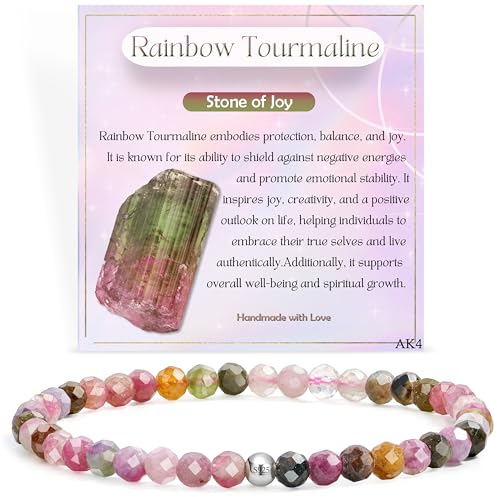 Regenbogen Turmalin - Freude - Edelstein Perlen Armband für Frauen, 4mm Kristall Silber 925 Naturstein Schmuck Elastisch Armbänder Damen, Chakra Spirituelle Charms Armbänder Geschenke