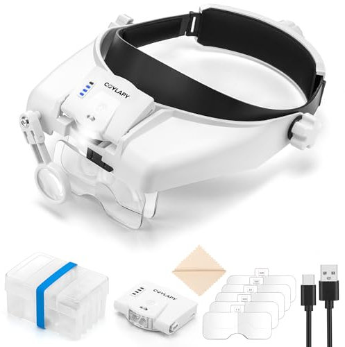 Magnifying Glasses with Light, Headband Magnifying Glasses for Close Work, 1x - 14x Hands-free Magnification Headset with 5 Lenses & Two Led Lamps, Jewelers Loupe Visor Head Magnifier for Hobby, Craft