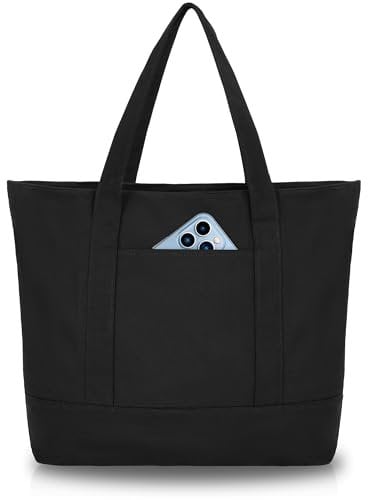 OUUTMEE Stilvolle Canvas-Tragetasche, Reißverschluss oben, Einkaufen, Ausgehen, Unterricht besuchen, einfache und stilvolle Pendlertasche(Vollschwarz)