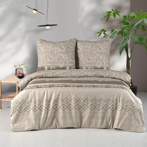 Bettwäsche 240x220 Braun 3-teilig Baumwolle Bettbezug Warm - Kuschelig Kissenbezug Boho-Stil mit Paisley, Blatt, Geometrisch Muster Bettwäsche-Set Beige, Braun, Weiß, Gestreift & Geblümt, Mahfer