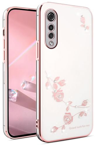 BORYA Hülle für LG Velvet 5G, Stoßfest Ultra Dünn Transparent Weiches TPU Silikon Handyhülle, Elegant Galvanisierter Glitzer Diamant Blumen Muster Schutzhülle, Rosa