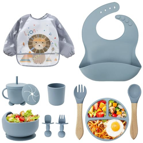 Baby Weaning Set, 11PCS Silicone Baby Plate with Suction Cup, Silicone Baby Bib, Spoon, Fork & Sippy Cup, Baby Tableware - Baby Dinnerware Set, Baby Gifts & Presents (Blue)
