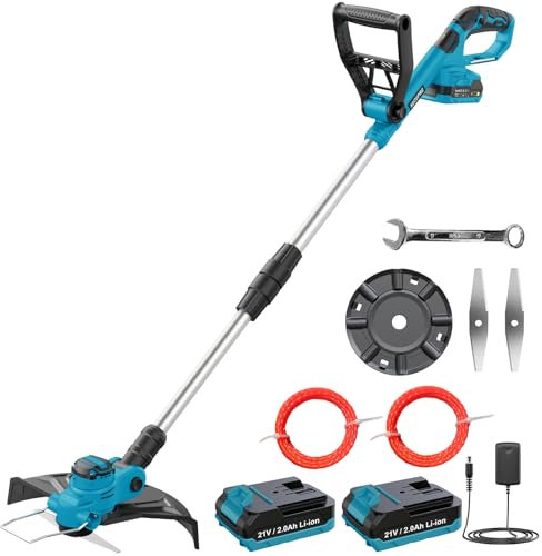 Desbrozadora Bateria 21V, KUZUPRO Cortabordes Bateria Brushless con 2 Baterías 2.0Ah, 2 Cuchillas, Mango Ajustable, 2 Bobina de Hilo de 5m, Tubo Telescópico, Cabezal Pivotante 90° para Jardín Poda