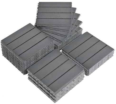 Bonnlo Composite Garden Decking Tiles, 27 Pcs Plastic Outdoor Flooring, 30x30cm Patio PE Gardrn Tiles Indoor & Outdoor, Grey Straight Stripe