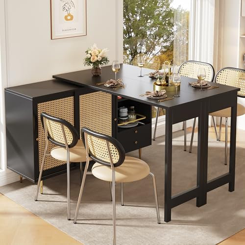 Merax Bartisch Ausziehbarer, 360° drehbarer Stehtisch mit Schiebetür, Schublade, Offenes Staufach, modern Bistrotisch Küchentisch Kücheninsel mit Rattantür, für Bar Küche Wohnzimmer Esszimmer, Schwarz