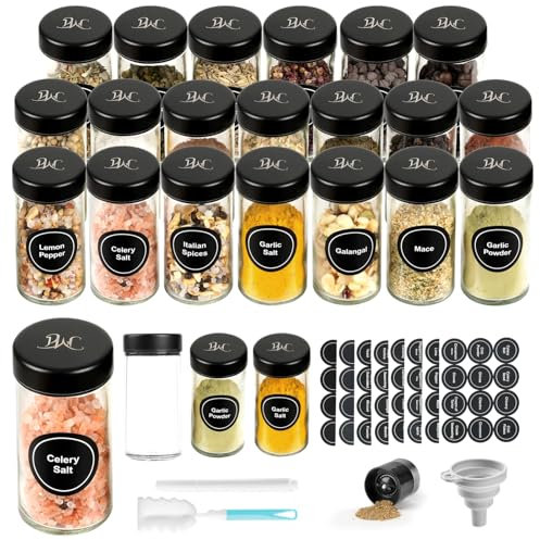 Moreau Glasgewürzdosen mit Edelstahldeckel,Küchengewürzdosen, Gewürzorganizer, Gewürzgläser rund mit Edelstahldeckeln, Inklusive Trichter, Reinigungsbürste, Stift und 96 Aufkleber (G7)