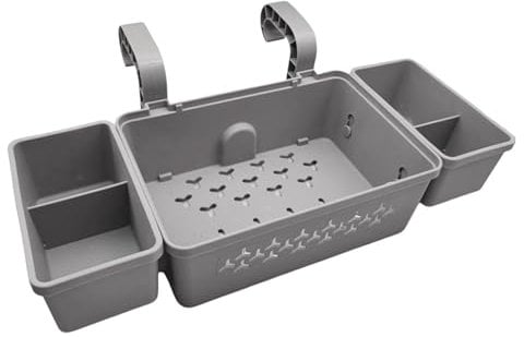 Above Ground Poolside Storage Basket with Cup Holders – Swimming Pool Accessories Organiser for Towels, Toys, and Drinks – Durable Plastic Shelf for Pool Decks (Grey)
