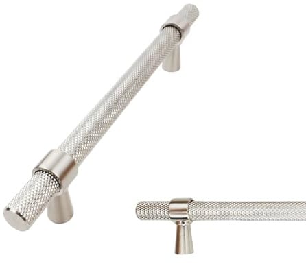 keypak 10 Pack Satin Nickel Knurled Kitchen Cupboard Handles, 128mm | Aluminium T-Bar Pulls for Cabinet, Wardrobe Doors, Chest of Drawers