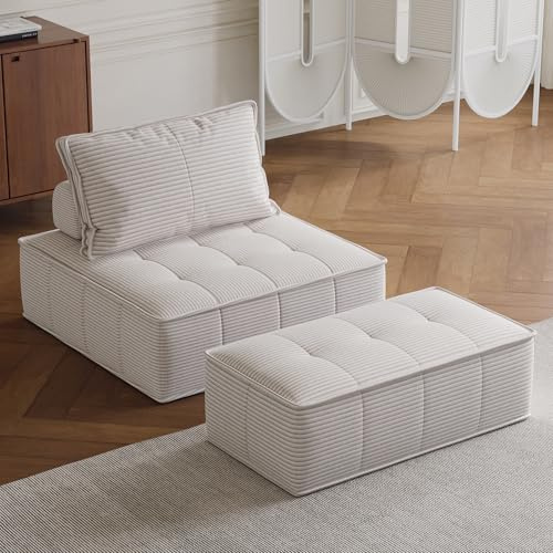 OOFAYJIA Modulares Schlafsofa mit Fußhocker, Cord Bodensofa mit Kissen, Modernes Couch Sofa für Wohnzimmer, Schlafzimmer, Wohnung, weiß