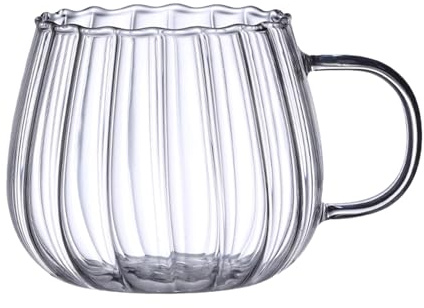 Clear Glass Coffee Mugs with Handle, 400ml Pumpkin Ribbed Drinking Glasses, Multi-Functional Novelty Vertical Stripes Tea Cup for Hot/Cold Beverages, Milk, Tea, Water, Americano, Latte, Cappuccino