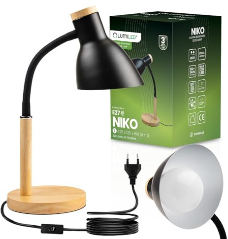 Lumiled LED Schreibtischlampe E27 Fassung 13W Schwarz Holzdetails Verstellbarer Flexarm Kabelschalter Tischlampe Leseleuchte Arbeitslampe Skandinavisch für Büro Home Office Schlafzimmer Kinderzimmer