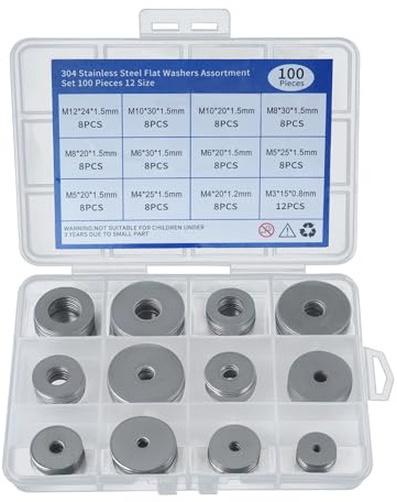 SZWLJ 100PCS 304 Stainless Steel Washers Assortment Kit | Silver Penny Washers for Screws,12 Sizes (M3/M4/M5/M6/M8/M10/M12) - for DIY Projects and Home Maintenance
