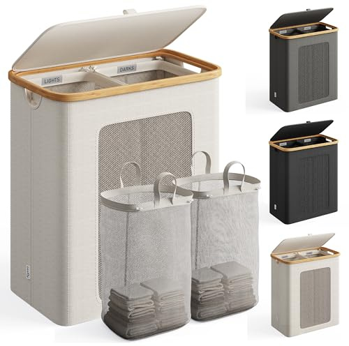 Klyvvo Wäschekorb 2 Fächer mit Deckel 140L,Bambusgriffen & Belüftung, Beige | Wäschesammler mit 600D wasserdichtem Oxford‑Stoff, mit 2 herausnehmbaren Innentaschen, für Schlafzimmer und Badezimmer