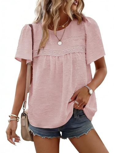 CMTOP Chemisier Femme Ete Blouse Manches Courtes Col Rond Tunique Chic et Elegant Haut Bohème Dentelle Fluide Tops Lâche Décontracté Blouse (Rose, L)