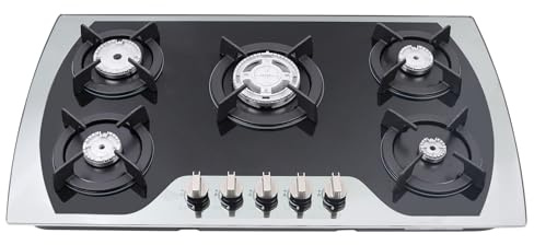 Deinungen 5 Burner Gas On Glass Hob In Black with Al-alloy Pan Stands,Built-in/Countertop Cooktop Gas Hob,independent knob,Flame Out Protection (90cm- 5 Burner)