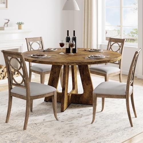 Thaookte Runder Esstisch Für 4–6 Personen, 120cm Esszimmertisch Mit Holzsockel, Platzsparender Küchentisch Für Esszimmer, Küche, Wohnzimmer, 120x120x75cm