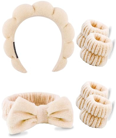 6 Pack Spa Headband, Makeup Headband, Face Wash Headbands, Skincare Headbands, Sponge Hair Band Bow Tie Spa Head Band for Washing Face Wristband Set Hair Accessories for Women Gifts (Khaki)