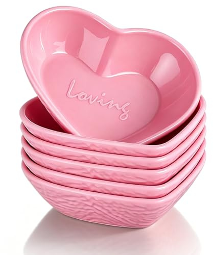 HOMQUEN Dipping Bowls, 90ml Soy Sauce Dish, Pturdy Plastic Small Bowls Set of 6, Pink Love Heart Mini Appetizer Plates for Sauce, Soy Sauce, Condiment, Side Dishes, Sushi, Ketchup, BBQ Party