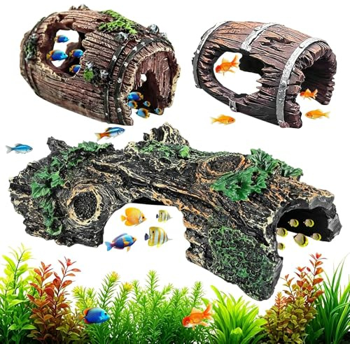 PlsMupn 3 Stück Aquarium Deko Höhle, Aquarium Dekoration Baumstamm, Harz Aquarium Deko Höhle für Kleine Garnelen Fische und Andere Kleine Bis Mittelgroße Wassertiere, Aquascape Landschaftsdeko