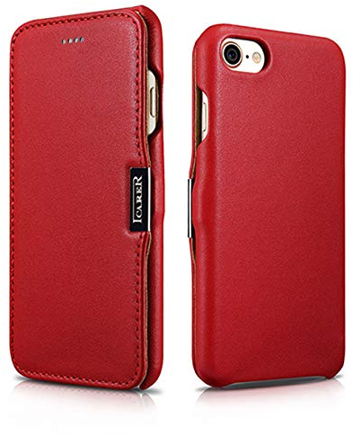 ICARER Tasche passend für Apple iPhone SE 2022 5G, iPhone SE 2020, iPhone 8, iPhone 7, 4.7 Zoll, Case mit Echt-Leder, Schutz-Hülle aufklappbar, Ultra-Slim Cover, Etui, Rot