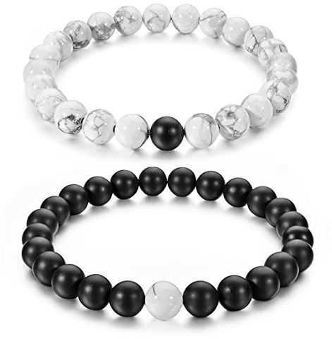 Paare HIS und HERS Armband Schwarz-Weiß Matt Achat & Howlith 8 mm Perlen von Long Way 18 cm & 19,1 cm
