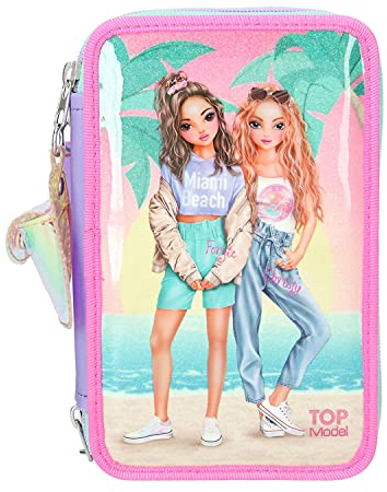 Depesche 11213 TOPModel gefüllte Federtasche im Miami Design, ca. 7,5 x 13 x 20 cm groß, mit 3 Fächern und Stiften von Lyra, Lineal, Schere, Kleber und einer Geheimtasche