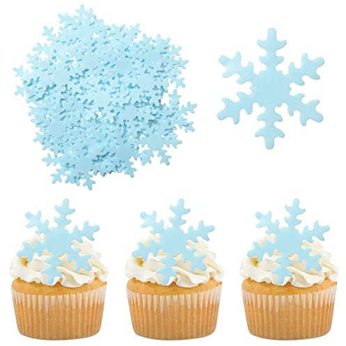Gyufise 50Pcs Edible Snowflakes Blue Cupcake Cake Toppers Decoration for Chirstmas Winter Frozen Theme Party Supplies