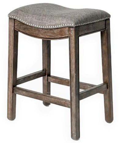 Maven Lane Adrien Kiln Dried Hardwood Saddle Bar Stool, 66 cm High Performance Fabric Seat, Wire Brush Finish, and Nailhead Trim, Dark Walnut/Stone Grey