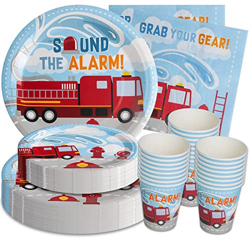 Firetruck Birthday Decorations (Serves 24) Dinner Plates, Dessert Plates, Cups, Napkins. Firefighter Birthday Party Supplies for Kids, Boys, Girls and More