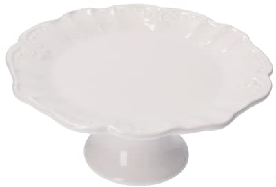 Keyhomestore- Alzata per torte e dolci in ceramica bianca, bordo ondulato stile barocco, H 10 cm, perfetta per tavola, antipasti e idea regalo. Stile barocco, elegante da Tavola.