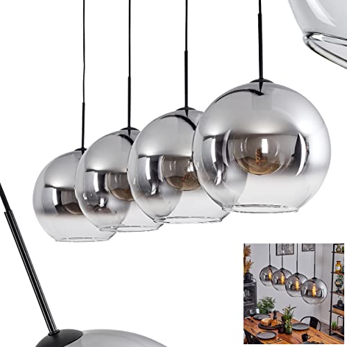 Hängeleuchte Koyoto, Hängelampe aus Metall/Glas in Schwarz/Rauchfarben/Klar, Leuchte 4-flammig im Vintage/Retro Design mit Schirmen aus Glas (Ø 30 cm), Höhe max. 152 cm, 4 x E27, ohne Leuchtmittel