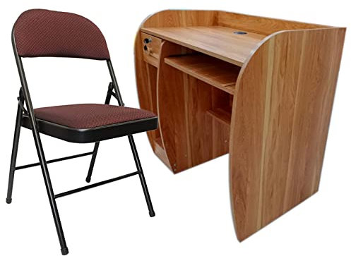 Meta Home Office Desk & chair set, Teak Computer Desk With Shelve & Sliding Keyboard Tray PC Laptop Table For Writing Workstation Bedroom Study Furniture (Computer table & Red Jacquard chair)