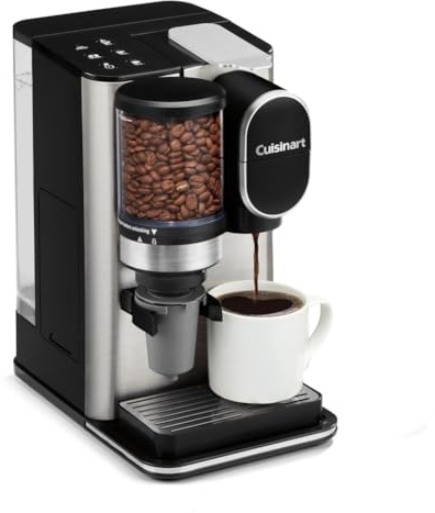 CUISINART - Cafetière monobloc + moulin à café de 200 ml, 300 ml, taille de portion, compatible avec capsules d'une seule tasse, réservoir amovible de 100 ml, acier inoxydable, DGB-2SS